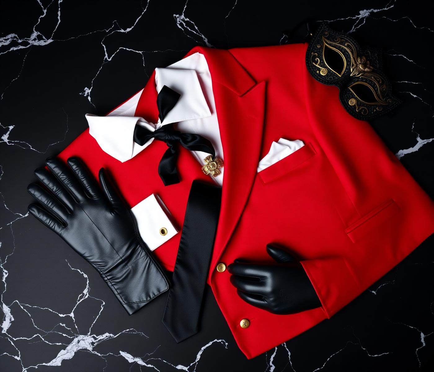 A flat lay of an original crimson academy blazer, black tie, gloves, and mask